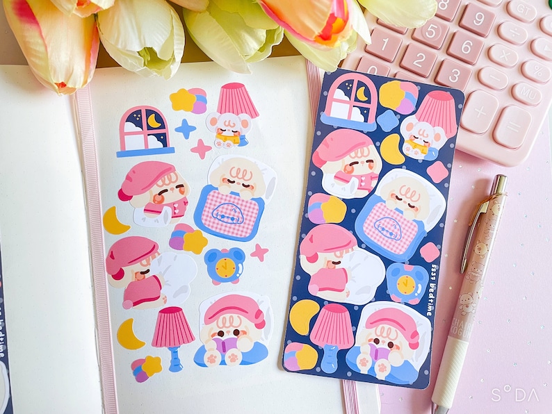May include: A sheet of stickers featuring a cute cartoon character in various poses, including sleeping, reading, and wearing a nightcap. The stickers are on a white background and have a blue, pink, and yellow color scheme. The text "fast bedtime" is included on the sticker sheet.