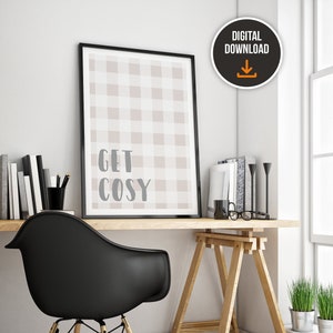 ARTE DE PARED IMPRIMIBLE • Obtenga un acogedor póster a cuadros, arte de pared gris otoñal, impresión descargable Otoño obtenga una acogedora decoración del hogar