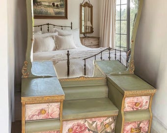 Sage Green Vanity with Floral Drawers and Ornate Mirror