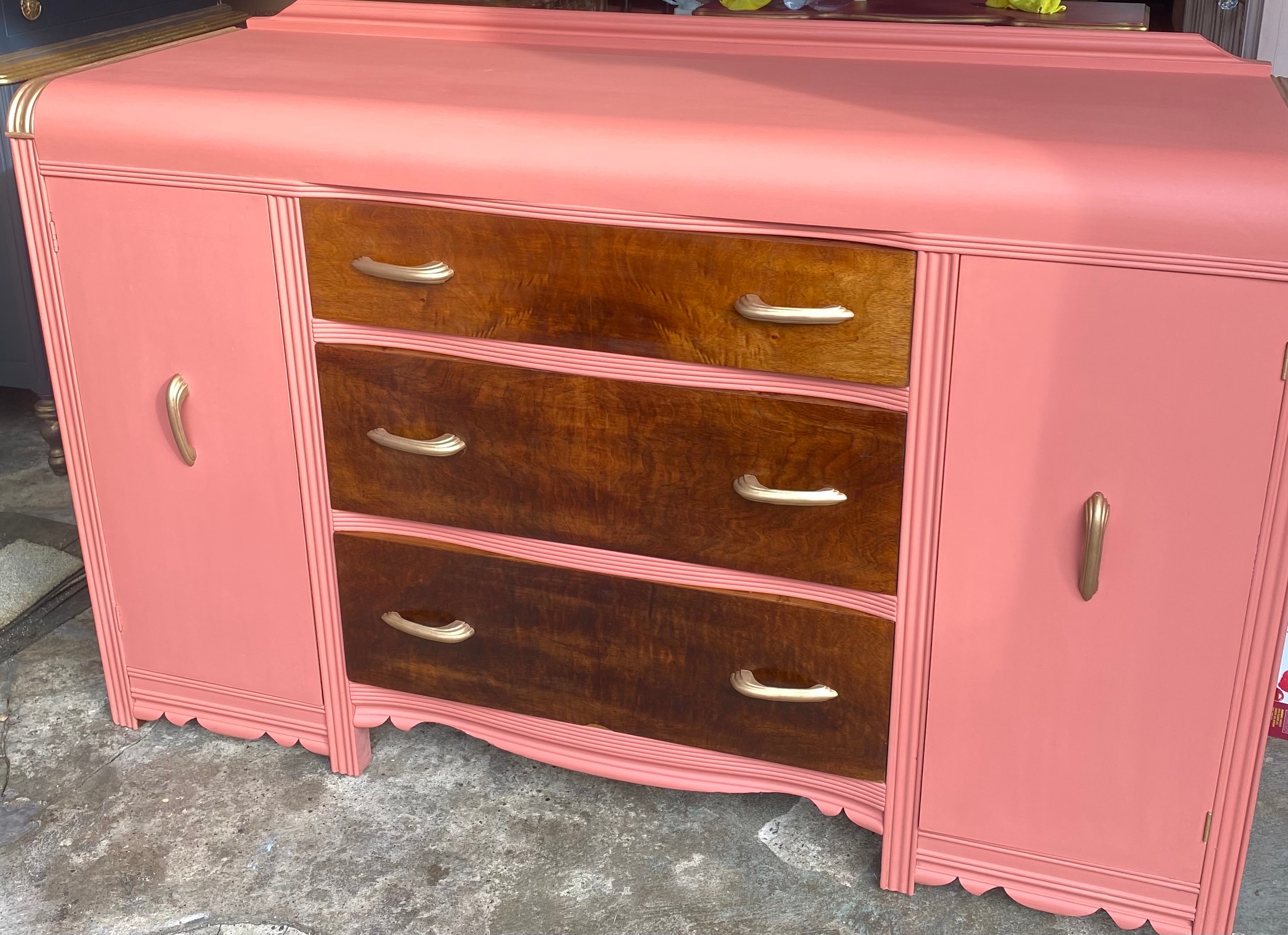 pink and brown dresser Mid Century French Country Style Dresser in Pink - Newly Painted