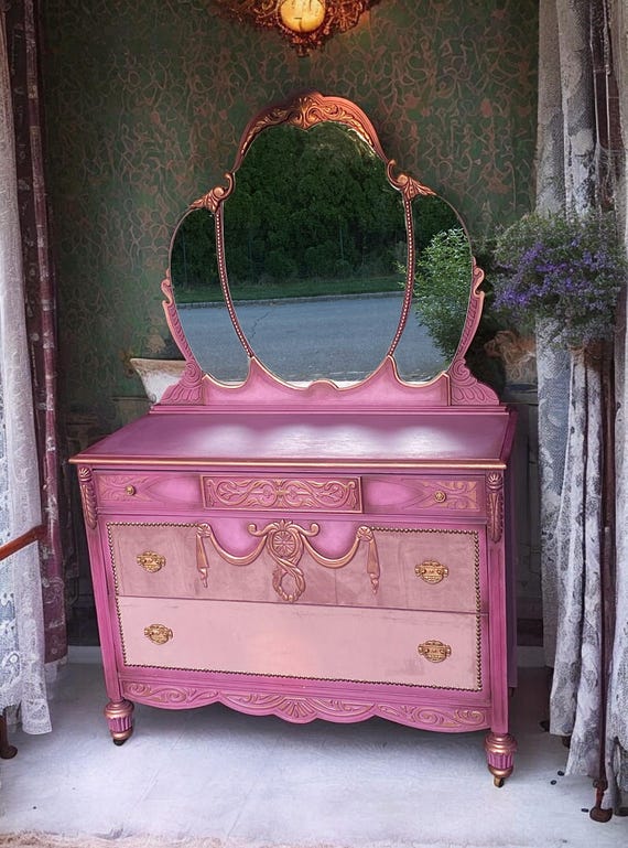 purple dresser with mirror Adjustable Mirror Makeup Vanity, 3-Drawer, Purple/Lavish Violet, Wood, Vintage, 30cm x 16cm x 53cm
