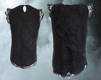 Gothic Black Lace Stretch Top Vintage Floral Lace Blouse, Dark Queen Lolita Romantic Goth