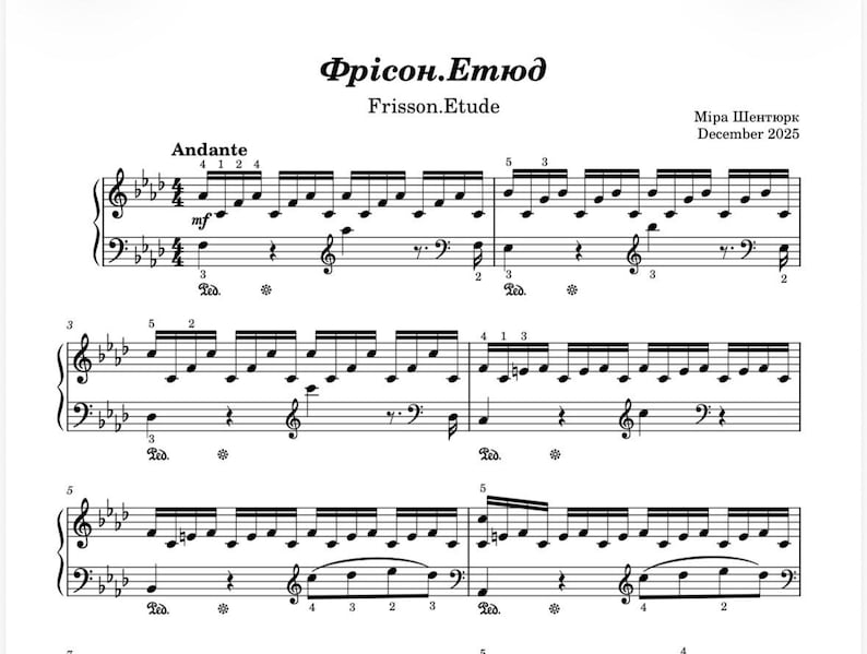 May include: Sheet music titled "Frisson.Etude" with musical notes, treble and bass clefs, and the word "Andante." The text "Mira Shenturk, December 2025" is also present. The music is written in black ink on white paper.