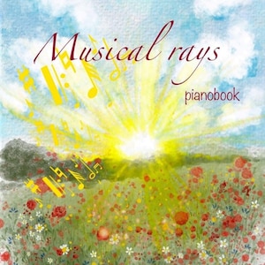 Puede incluir: Ilustración en acuarela de un libro de piano titulado "Musical rays" con un campo de flores y un brillante sol. El cielo es azul con nubes. El texto "Antalya 2021" está en la parte inferior.