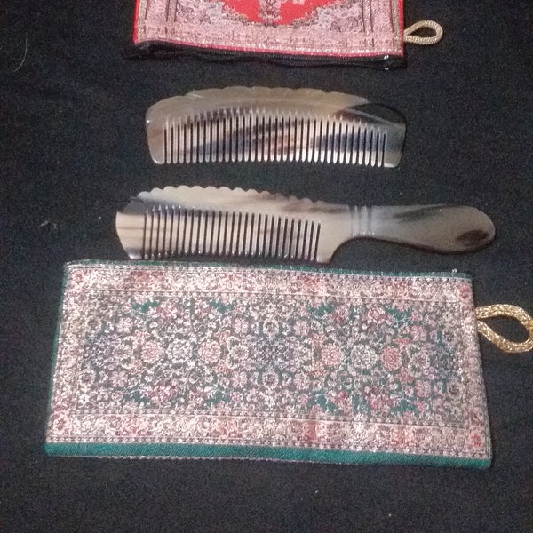 Handmade  hair comb set from bone ( 2 piece) / handwork comb from buffalo horn (two piece)  Comes with authentic embroidered fabric bag.