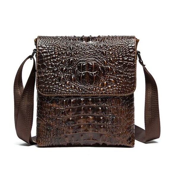 Men's Crocodile Embossed Genuine Leather Small Messenger Bag