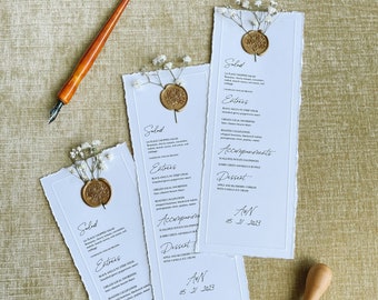 Deckled Edge Embossed Wedding Menu with Flowers and Wax Seal | Wedding Menu  |  Calligraphy Menu Card for Your Event