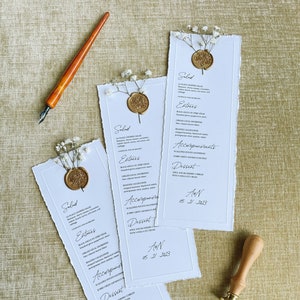 Deckled Edge Embossed Wedding Menu with Flowers and Wax Seal | Wedding Menu  |  Calligraphy Menu Card for Your Event