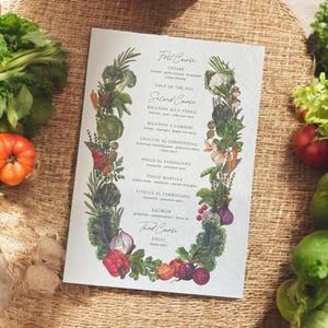 BEDRUCKTE Menükarte aus Baumwollpapier - Gemüse-Menükarte - Veggies Hochzeitsmenü - Menükarte mit Aquarell-Gemüse - Personalisierte Menükarte