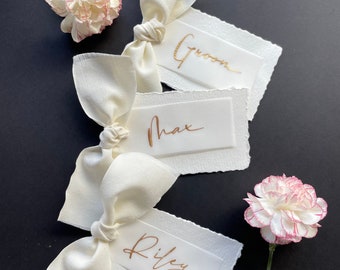 Hand Lettered Place Cards with Ribbon - Handwritten Calligraphy Place Cards | Wedding Place cards - Bachelorette or Party Place Cards