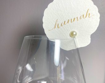 Champagne Place Cards with Pressed Sea Shell Detailing and Pearl Accents - Sea Shell Wedding Drink Tag - Glass Name Card with Table Number