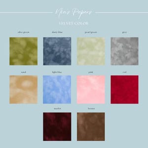 May include: A colour chart titled Nia's Papers VELVET COLOUR displaying ten square swatches in olive green, dusty blue, pearl green, grey, sand, light blue, pink, red, merlot, and brown. Each swatch features a soft, textured velvet appearance.