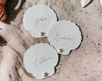 Hand-Lettered Place Cards with Pressed Sea Shell Detailing and Pearl Accents - Sea Shell Place Card - Handwritten Calligraphy Place Cards