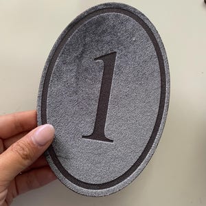 K&ouml;nnte beinhalten: Ein ovaler Aufn&auml;her mit einem dunkelgrauen, strukturierten Stoffhintergrund und einer markanten schwarzen Eins in der Mitte. Das Design umfasst einen d&uuml;nnen, dunklen kreisf&ouml;rmigen Rand, der die zentrale Ziffer einrahmt und f&uuml;r einen klaren Look sorgt.