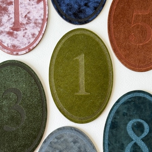 K&ouml;nnte beinhalten: Eine Sammlung ovaler Samtaufn&auml;her mit gepr&auml;gten Zahlen. Das Set enth&auml;lt verschiedene Farben wie Altrosa, Marineblau, Rostorange, Olivgr&uuml;n, Dunkelwaldgr&uuml;n, Petrol und Anthrazit, wobei jeder Aufn&auml;her mit einer individuellen Zahl versehen ist.