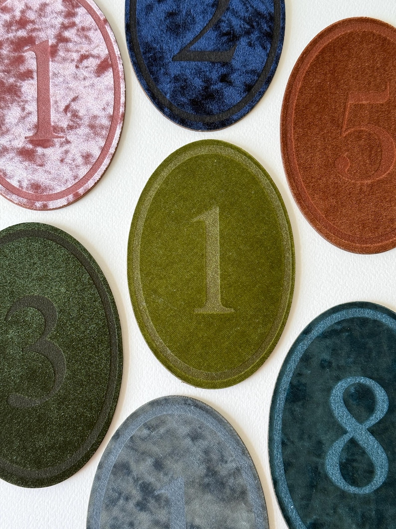 K&ouml;nnte beinhalten: Eine Sammlung ovaler Samtaufn&auml;her mit gepr&auml;gten Zahlen. Das Set enth&auml;lt verschiedene Farben wie Altrosa, Marineblau, Rostorange, Olivgr&uuml;n, Dunkelwaldgr&uuml;n, Petrol und Anthrazit, wobei jeder Aufn&auml;her mit einer individuellen Zahl versehen ist.