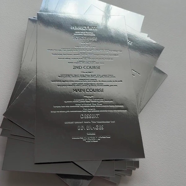 Menu de mariage chromé de luxe | Carte de menu de la presse à papier d'aluminium | Menu de mariage finition miroir | Papeterie de réception élégante