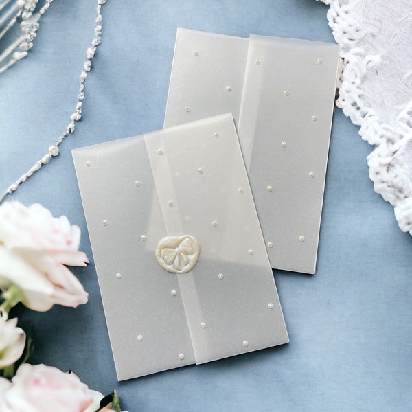 Pre-folded Vellum Jacket with Pearls - Sized for 5"x7" Invitations, Vellum Sleeve, Vellum Wrap, Translucent Vellum, Cut Into Any Size