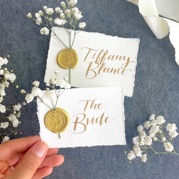 Hand Lettered Place Cards with Wax Seal & Flowers - Handwritten Calligraphy Place Cards | Wedding Place cards - Party Place Cards