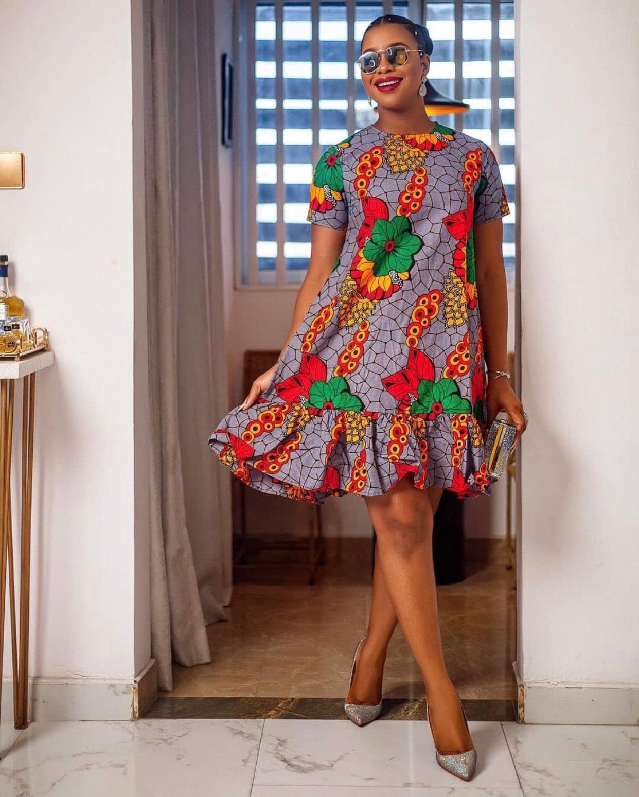 african print fit and flare dresses "AYO SUN FLARE DRESS (STRETCHY AFRICAN PRINT IN BLUE AND GOLD)