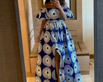 Vestido africano Ankara con hombros descubiertos, ajustado y con vuelo