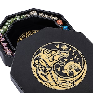 Gold World Tree and Wolf Raven Design Dice Tray for Dungeons and Dragons D&D - 8&quot; Rolling Tray and Storage Box Holder for RPG and DND