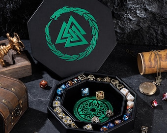 Dice Tray for DND and RPG - Green 3 Interlocked Triangles (Valknut) and Dragon Design