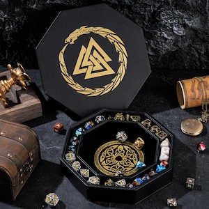Dice Tray for DND and RPG - Gold 3 Interlocked Triangles (Valknut) and Dragon Design