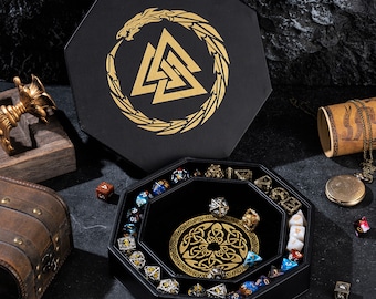 Dice Tray for DND and RPG - Gold 3 Interlocked Triangles (Valknut) and Dragon Design