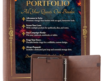 Vintage Adventurer's Binder Portfolio – Faux Leather Character Sheet Folder Case for DND with Spell Card Organizer and Storage Pockets