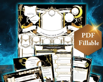 Printable Character Sheets with Beautiful Celestial Design for DND - Includes Multiple Versions (Color, B&W, Editable PDF, Non-Editable)