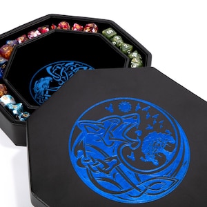 Premium Dice Tray for DND with Blue World Tree and Wolf Raven Design - Perfect Rolling and Dice Box Storage for D&D and RPG