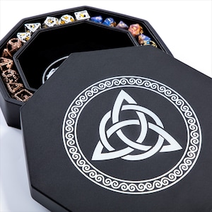 Silver Celtic Knot and World Tree Dice Tray for DND - 8&quot; Rolling Tray and Storage Box for D&D and RPG