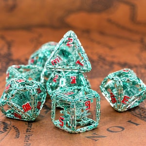 Metal Dice Set for DND and RPG - Imprisoned Dragon Core Design - Beautiful Stunning Polyhedral Dice Set for D&D Dungeons and Dragons (Green)