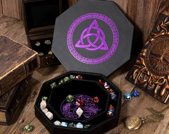 Premium Dice Tray for DND with Celtic Knot and World Tree Design - 8" Rolling Tray and Storage Box for D&D and RPG