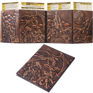 DND DM Screen with 4 Wider Panels - 3D Faux Leather Panoramic Battle Scene - Dungeon Master Screen with Clear Pockets