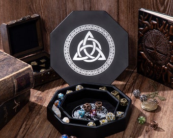 Dice Tray for DND - Silver Celtic Knot and World Tree Design - 9" Rolling Tray and Storage Box for D&D and RPG