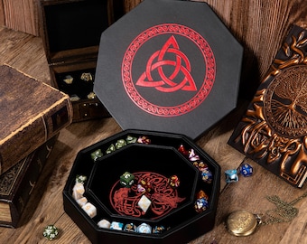 Red Dice Tray for DND, Celtic Knot World Tree RPG Rolling Storage Box