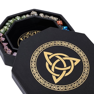 DND Dice Tray Gold Celtic Knot and World Tree - 8" Rolling Tray and Storage Box Holder for D&D and RPG