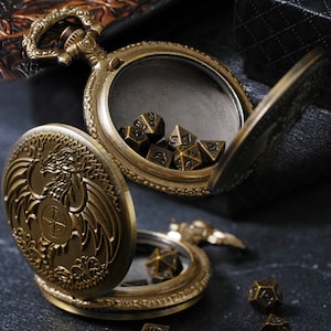 MiniChrono' Micro Metal Dice Set for DND: Mini Dice in a Dragon-Engraved Pocket Watch Case - Portable Accessory for D&D and TTRPGs