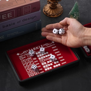 May include: A red and black Farkle game board with white dice and a scorecard. The scorecard shows points for different combinations of dice, including 3 of a kind, straight, and 3 pairs.
