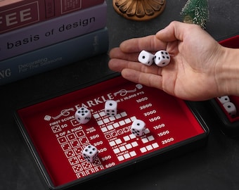 Deluxe Farkle Dice Tray and Storage - Faux Leather Travel Case with Score Sheets, 2 Sets of Dice, QR Guide & Velvet Lined Rolling Arena