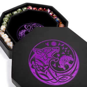 Purple World Tree and Wolf Raven Design Dice Tray for Dungeons and Dragons D&D - 8&quot; Rolling Tray and Storage Box Holder for RPG and DND
