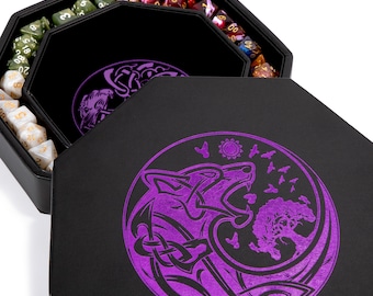 Dice Tray for Dungeons and Dragons D&D - Purple World Tree and Wolf Raven Design - 9" Rolling Tray and Storage Box Holder for RPG and DND
