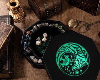 Dice Tray for Dungeons and Dragons D&D - Green World Tree and Wolf Raven Design - 9" Rolling Tray and Storage Box Holder for RPG and DND