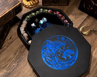 Premium Dice Tray for DND with Blue World Tree and Wolf Raven Design - Perfect Rolling and Dice Box Storage for D&D and RPG