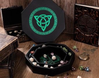 Dice Tray for DND - Green Celtic Knot and World Tree Design - 9" Rolling Tray and Storage Box for D&D and RPG