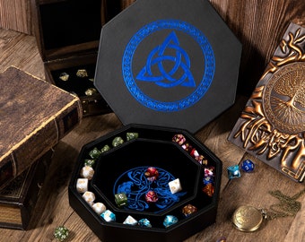 Dice Tray for DND - Blue Celtic Knot and World Tree Design - 9" Rolling Tray and Storage Box for D&D and RPG