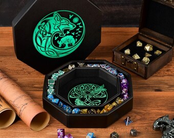 Premium Dice Tray for DND with Wolf Raven and World Tree Design - 8" Rolling Tray and Storage Box Holder for RPG and DND