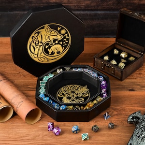 Dice Tray for Dungeons and Dragons D&D - Gold World Tree and Wolf Raven Design - 9" Rolling Tray and Storage Box Holder for RPG and DND